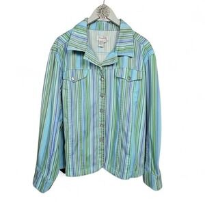 Live A Little - Blue, Green, Multicolor Striped Jean Jacket Women's Plus Size 3X